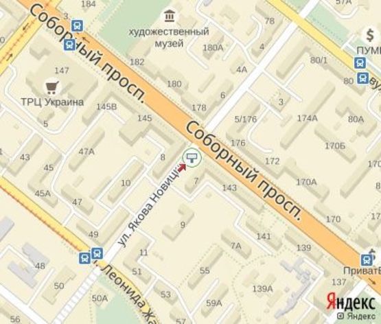 Схема рекламної площини за адресою Новицкого ул.,7 - Соборный пр.ЦЕНТРАЛЬНАЯ ЗОНА. (100 м. к Райффайзен Банк Аваль,"Альфа Банк", 100 м. Кинотеатр им.Довженка)