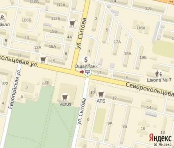 Схема рекламной плоскости по адресу Севрокольцевая ул. - Сытова ул. А1 (напротив "Приватбанк",150 м. "Укрсоцбанк", 150 м. супермаркеты "Varus" и "АТБ")