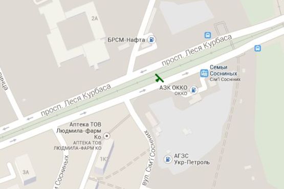 Схема рекламной плоскости по адресу Леся Курбаса просп., зупинка швидкісного трамваю "Вул.Сім"ї Сосніних" (в напр. пл.Перемоги)