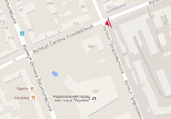 Схема рекламної площини за адресою Коновальца ул. (бывш. Щорса ул.) - Предславинская ул.