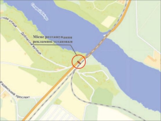 Схема рекламной плоскости по адресу Хортицкий р-н, въезд на мост Преображенского напротив платформы 168 км