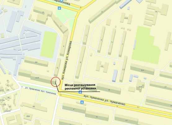 Схема рекламної площини за адресою ул.Чумаченко, 40 - Космический р-н, стена,средний Схема рекламної площини за адресою ул.Чумаченко, 40 - Космический р-н, стена,средний