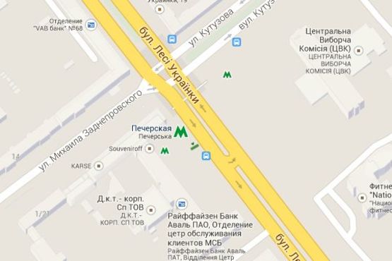 Схема рекламної площини за адресою Лесі Українки бульв., 26 площа навпроти ЦВК України, праворуч -зупинка громадського транспорту