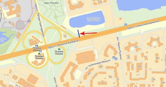 Схема рекламної площини за адресою Бажана пр-т 400 м до пр-та Григоренко, в центр, правая