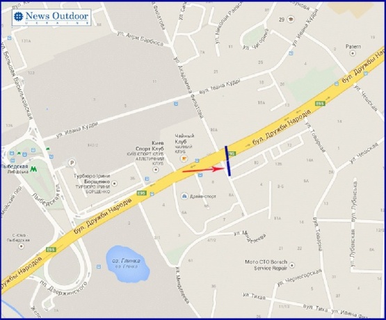 Схема рекламної площини за адресою Дружбы Народов б-р 4/6, напротив гостиницы "Дружба", правая, в центр