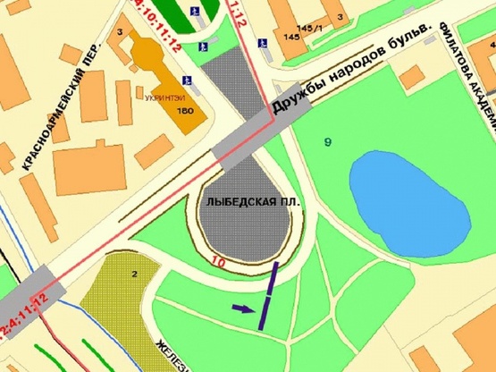 Схема рекламной плоскости по адресу Дружбы Народов б-р, съезд на Лыбедскую пл., правый, из центра
