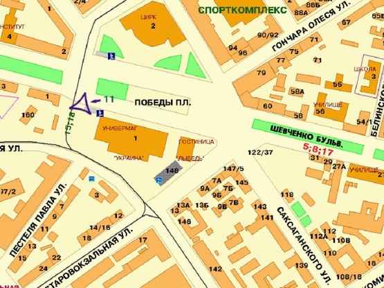 Схема рекламної площини за адресою Победы пл., возле ТЦ Украина, супермаркета Велика Кишеня, от б-ра Шевченко в сторону пр-та Победы