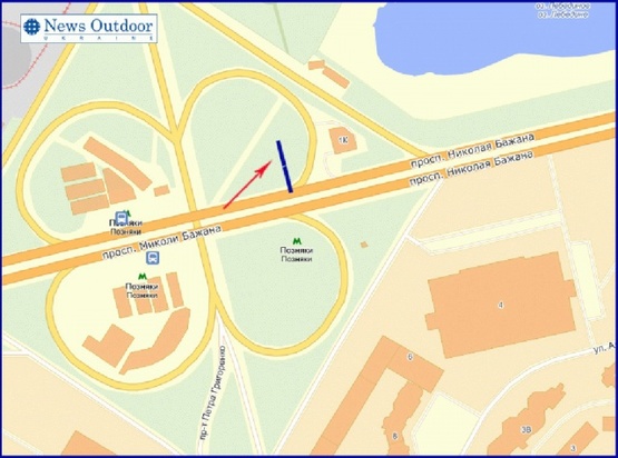 Схема рекламной плоскости по адресу Бажана пр-т, возле пр-та Григоренко, из центра, левый