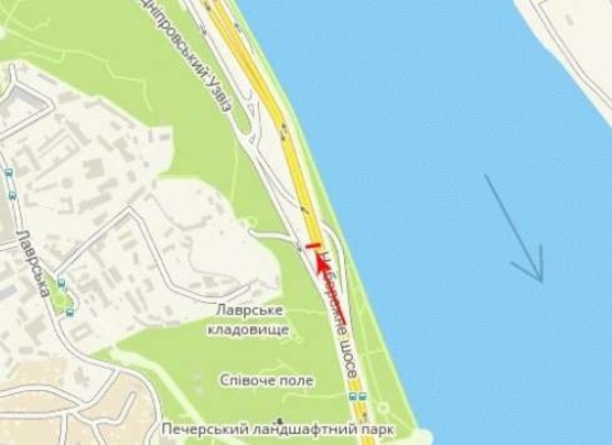 Схема рекламной плоскости по адресу Набережное шоссе перед выездом с Днепровского спуска по направлению к мосту Метро (нижний)