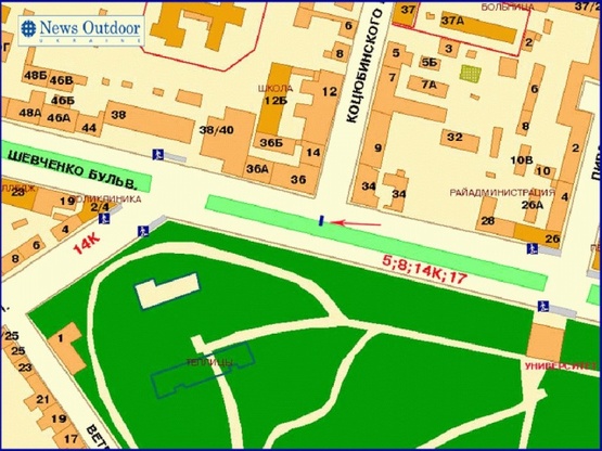 Схема рекламной плоскости по адресу Шевченка Тараса б-р на пересечении с ул. Коцюбинского