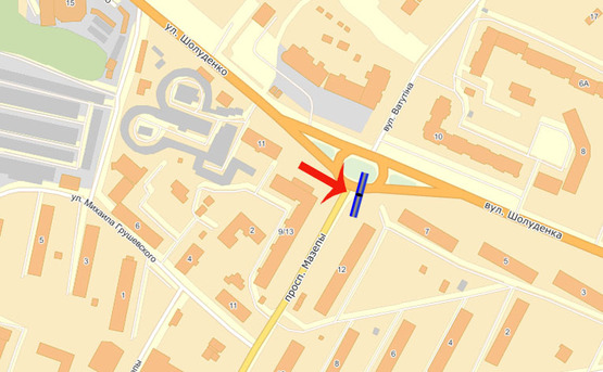 Схема рекламной плоскости по адресу Вышгород ул.Шолуденко,7/Мазепи/клумба-напр.на набережную (А)