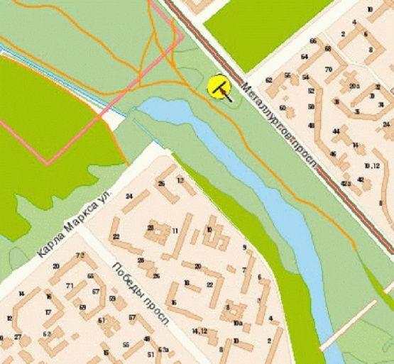 Схема рекламної площини за адресою Металлургов пр-т 50, возле рынка Кваки, из центра