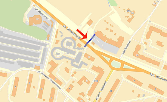 Схема рекламной плоскости по адресу Вышгород ул.Шолуденко,6 (В)/центр.рынок, стадион (напр.на Набережную)