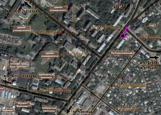 Схема рекламной плоскости по адресу перехрестя вул.Кам'янецька - вул.Купріна (Ружичнянський універмаг). неподалік: ТЦ "Ружичнянський", скупчення МАФів, зупинки, суд (від центру) Схема рекламной плоскости по адресу перехрестя вул.Кам'янецька - вул.Купріна (Ружичнянський універмаг). неподалік: ТЦ "Ружичнянський", скупчення МАФів, зупинки, суд (від центру)