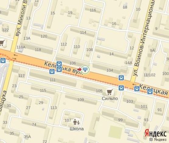 Схема рекламной плоскости по адресу Келецкая ул., 106 (А-Банк,300 м. супермаркет "Сильпо")  в центр