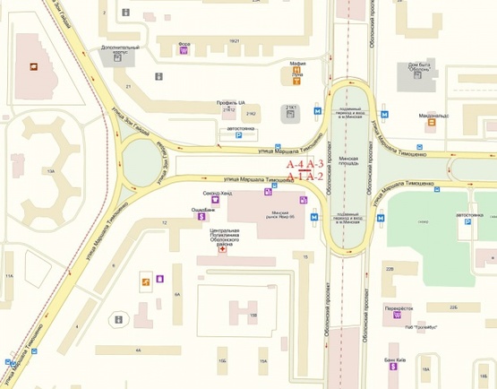Схема рекламной плоскости по адресу Маршала Тимошенко ул., 21к1,м. Минская (выход из метро) Минская площадь, рынок Явир-95, Дрим-Таун, Дрим-Исландс, Остановка общественного транспорта, пешеходный переход