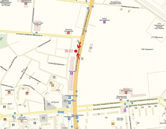 Схема рекламной плоскости по адресу Палладина, крупная транспортная развязка, на территории рынка "Троицкий", в направлении м. Академгородок ТЦ "Novus"