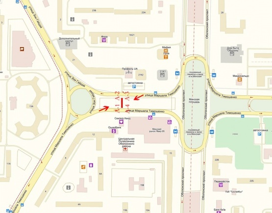 Схема рекламної площини за адресою Маршала Тимошенко ул., 21к12, м. Минская, рынок Явир-95, Дрим-Таун, Дрим-Исландс, Остановка общественного транспорта, пешеходный переход