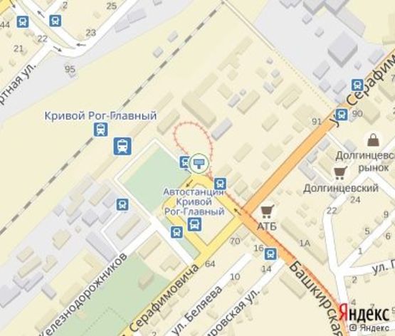 Схема рекламной плоскости по адресу Железнодорожников ул., 17 - Башкирская ул.(ЖД Вокзал ст. "Кривой Рог - Главный", конечная МТС)