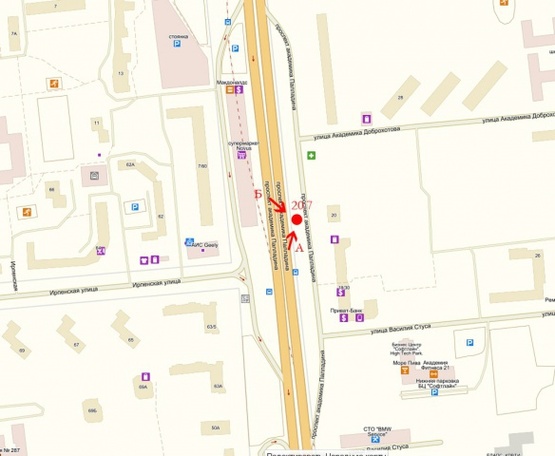Схема рекламной плоскости по адресу Палладина 18/30 Крупная транспортная развязка NOVUS, большое количество банков, офисов, магазинов.