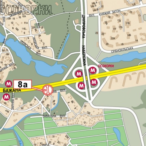 Схема рекламної площини за адресою Бажана Н. просп., (ТЦ "Новус", 300м. к ст. м.  Осокорки, "KFC", Новая почта №60, АЗС "ANP"), в направ. Бориспольского шоссе, левый Схема рекламної площини за адресою Бажана Н. просп., (ТЦ "Новус", 300м. к ст. м.  Осокорки, "KFC", Новая почта №60, АЗС "ANP"), в направ. Бориспольского шоссе, левый