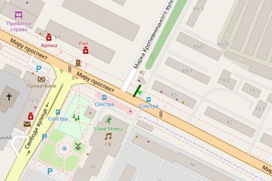Схема рекламной плоскости по адресу Миру просп., 65 - Марка Кропивницького вул. (Ярослава Галана вул.)