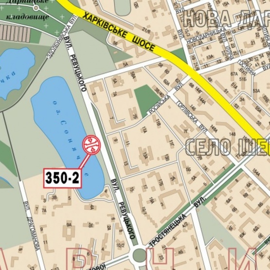 Схема рекламної площини за адресою Ревуцкого ул., 9, в сторону  Бажана просп. (АТБ Маркет, Гимназия 290, общественный пляж, рестораны Штандарт, Рыбное место)