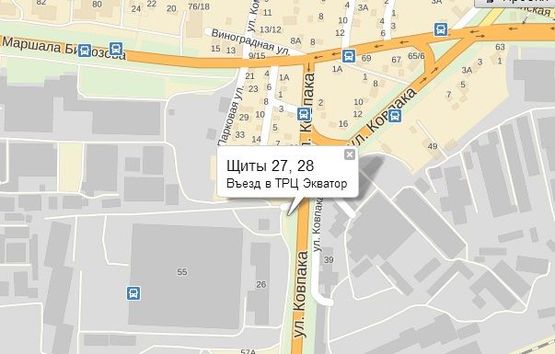 Схема рекламной плоскости по адресу г.Полтава,ул.Великотырновская 24, вьезд в супермаркет Велика кишеня,щит