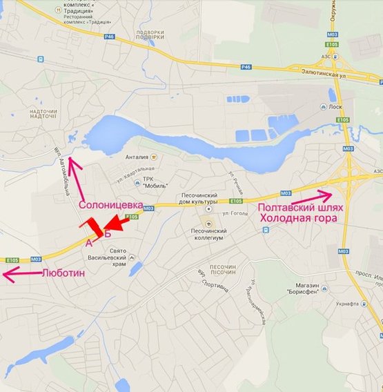Схема рекламної площини за адресою Арка-Полтавский шлях-пос.Песочин-ул. Автомобильная- из центра