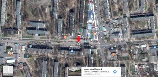 Схема рекламної площини за адресою г.Полтава,ул.Ивана Мазепы,3,рынок Мотель,ресторан Диканька,развл, центр Спайдер,много магазинов,флажок,