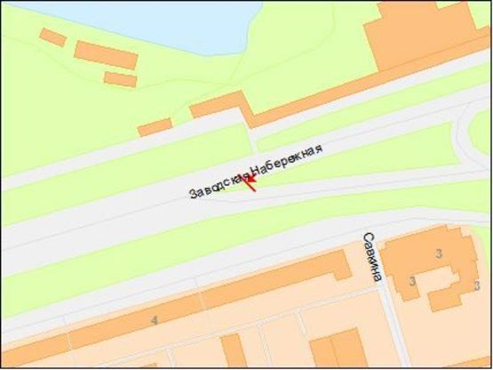 Схема рекламной плоскости по адресу Заводская Набережная ул., 4 - Красный Камень ул., из центра