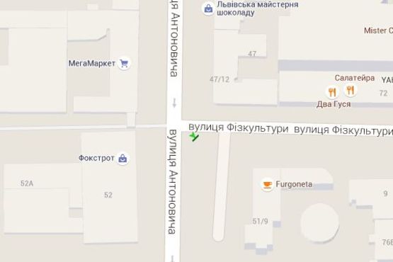 Схема рекламної площини за адресою Антоновича вул. (Горького вул.), перхерестя з вул. Фізкультури (№5 навпроти Мегамаркета) Схема рекламної площини за адресою Антоновича вул. (Горького вул.), перхерестя з вул. Фізкультури (№5 навпроти Мегамаркета)