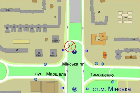 Схема рекламної площини за адресою Оболонский пр. / Маршала Тимошенко, разделит. клумба  по ходу к Петровке, (М) "Минская"