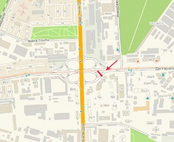 Схема рекламної площини за адресою Дегтяревская ул., возле ул.Довженко, развязка, из центра