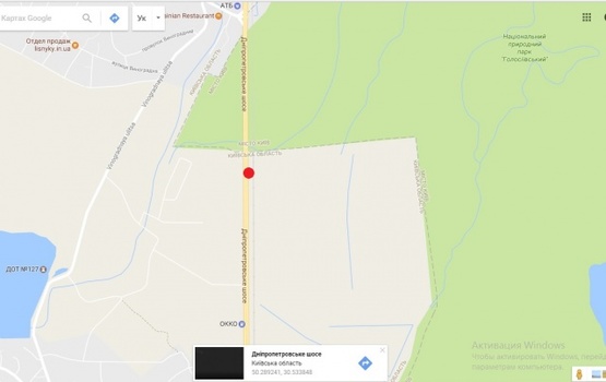 Схема рекламної площини за адресою Новообуховская трасса (Днепропетровское шоссе), в направлении г. Киев, 2,5 км. после ТЦ"Мегамаркет", 500м. до поворота на с. Лесники,5км+500метров, левая