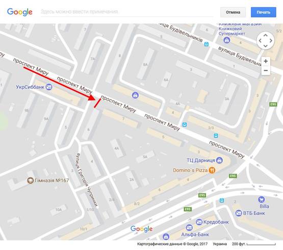 Схема рекламной плоскости по адресу Миру пр., 7/Чупринки Григорія, вул., 6 100м до Ленінградської пл.