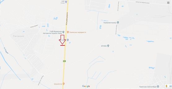 Схема рекламної площини за адресою М-10 Західний обхід м. Львова, навпроти Fujikra та АЗС ОККО рух в напрямку с. Рудно та м. Львів (лівий)