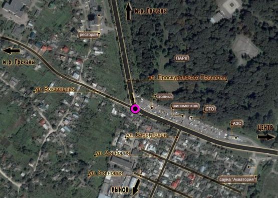 Схема рекламной плоскости по адресу Т-подібне перехрестя вул.Проскурівського підпілля - вул.Вокзальна. неподалік: велика автостоянка, парк, приватна забудова (в центр) [праве вухо]