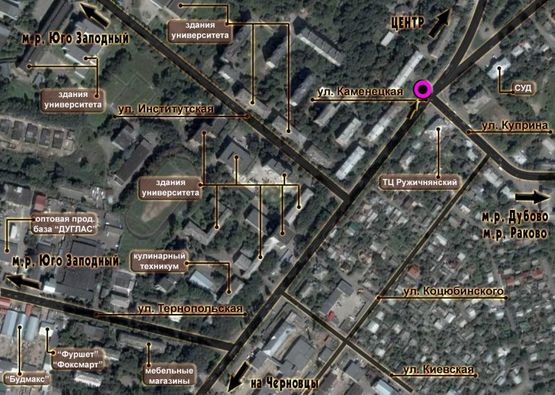 Схема рекламної площини за адресою перехрестя вул.Кам'янецька - вул.Купріна. неподалік: ТЦ "Ружичнянський", скупчення МАФів, зупинки, суд (в центр) Схема рекламної площини за адресою перехрестя вул.Кам'янецька - вул.Купріна. неподалік: ТЦ "Ружичнянський", скупчення МАФів, зупинки, суд (в центр)
