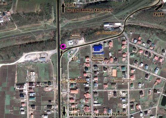 Схема рекламной плоскости по адресу перехрестя вул.З.Окружна - вул.Геологов. неподалік: основний заїзд на ринки, СТО, мийка, шиномонтаж, АЗС, Газова АЗС, елітна забудова (від центру, на ринки) [ліве вухо]