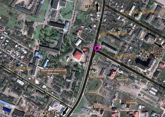 Схема рекламної площини за адресою перехрестя вул.Пілотська - вул.Красовського. неподалік: зупинки, обласна лікарня, міні ринок, декілька банків (в центр) [ліве вухо]