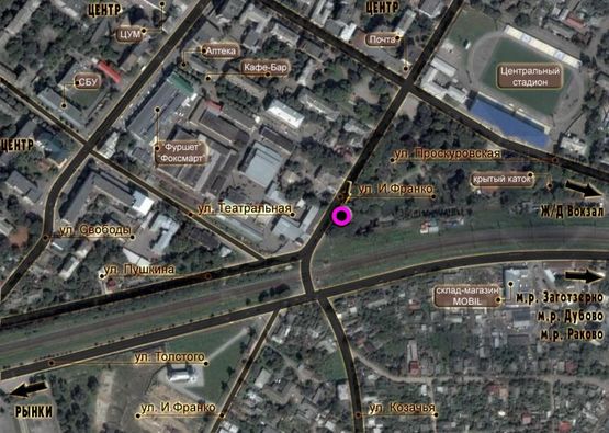 Схема рекламной плоскости по адресу перехрестя вул.І.Франка - вул.Пушкіна (парк). неподалік: З/Д переїзд, парк, центр міста (центр)