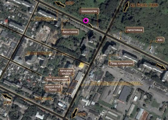 Схема рекламной плоскости по адресу вул.Прибузька - Старокостянтинівське шосе (за шиномонтажем). неподалік: автостоянка, шиномонтаж, АЗК, супермаркет "Вопак", непродовольчий ринок (в центр) Схема рекламной плоскости по адресу вул.Прибузька - Старокостянтинівське шосе (за шиномонтажем). неподалік: автостоянка, шиномонтаж, АЗК, супермаркет "Вопак", непродовольчий ринок (в центр)