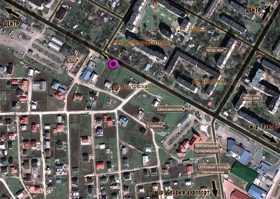 Схема рекламной плоскости по адресу вул.Пілотська (СТО). неподалік: СТО, СТО АТЛ, меблевий мега маркет, іграшковий маркет, АЗК "УкрНафта", елітна приватна забудова (в центр)