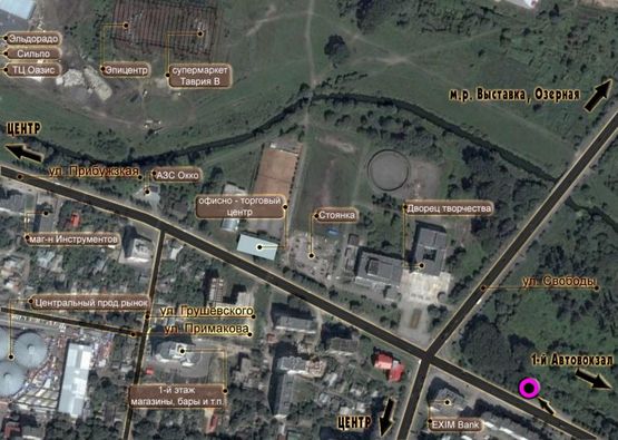 Схема рекламної площини за адресою вул.Прибузька - вул.Свободи. неподалік: банк "Ексим", палац творчості, елітна новобудова (центр)