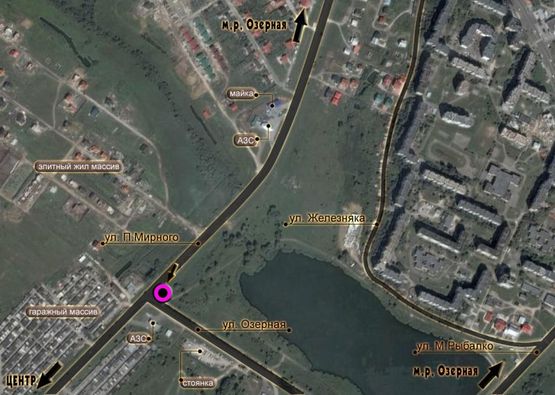 Схема рекламной плоскости по адресу перехрестя М.Рибалка - вул.Озерна. неподалік: АЗК "Укрнафта", цілодобова мийка, навколо елітна забудова м.р. "Отрадне", "Дивокрай", "Дихтярка", база будматеріалів (в центр)