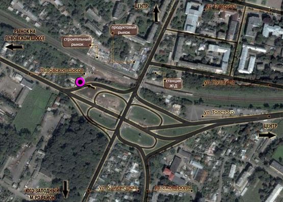 Схема рекламной плоскости по адресу розв'язка вул.Кам'янецька - вул.Толстого - Львівське шосе. (від центру, на ринки) [ліве вухо]