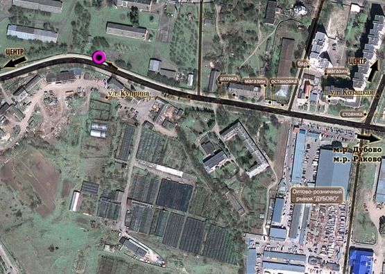 Схема рекламної площини за адресою вул.Купріна - вул.Раскової (зупинка). неподалік: міське ДАІ, зупинка, автосалон ваз, продовольчий оптовий ринок "ДУБОВО" (в центр)