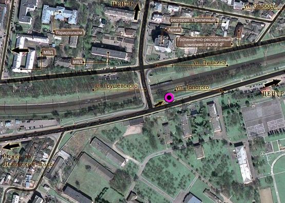 Схема рекламной плоскости по адресу вул.Толстого - вул.Грушевського (зі сторони КПП). неподалік: велика стоянка (від центру)