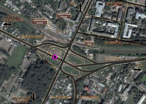 Схема рекламної площини за адресою розв'язка вул.Кам'янецька - вул.Толстого (зі сторони ринків) (в центр) "A" Схема рекламної площини за адресою розв'язка вул.Кам'янецька - вул.Толстого (зі сторони ринків) (в центр) "A"